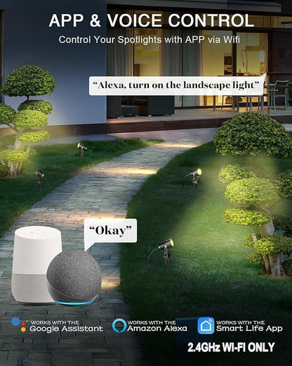 8-Pack Low Voltage Landscape Lighting Kit with WiFi 72W Transformer, 3W LED Spotlights with 65ft Cable, App and Voice Control, 3000K Warm White, 12-24V, IP65 Outdoor Pathway Uplights