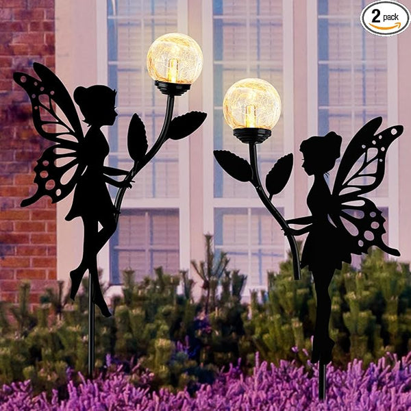 Ouddy Decor 2 Pack Solar Fairy Garden Decor, Metal Statues with Crackle Glass Globe Lights Silhouette Waterproof | Lumora