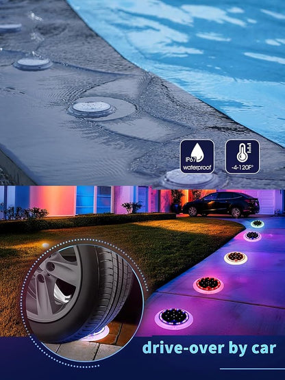 Solar Dock Lights, Color Changing 48 LEDs Super Bright Disc Driveway Light, Outdoor Waterproof Flat Low Profile, Anti-Trip&Anti-Slip for Marine, Ground, Pool, Pier, Deck (RGB-W, 2Pack)