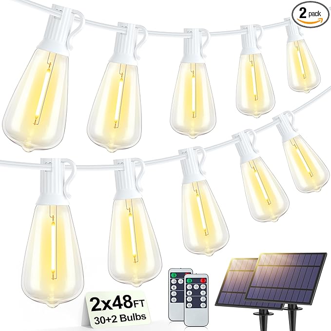96FT(2x48FT) Solar Outdoor String Lights with Remote & Timer, Waterproof Dimmable Patio Lights with 30+2 ST38 LED Bulbs for Garden Deck-White