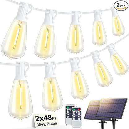 96FT(2x48FT) Solar Outdoor String Lights with Remote & Timer, Waterproof Dimmable Patio Lights with 30+2 ST38 LED Bulbs for Garden Deck-White