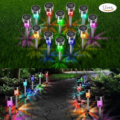 Solar Outdoor Lights, 5W LED Pathway Lights Solar Powered, Stainless Steel Waterproof Solar Garden Lights Decoration for Garden Patio and Walkway (12PCS, Multicolor)