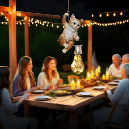 Tree Solar Light Outdoor Garden Decor Hanging Cat Figurines Animals Porch Yard Outside Decoration Kitten Statues Decorative Wall Window Fence Lighting Bulb LED