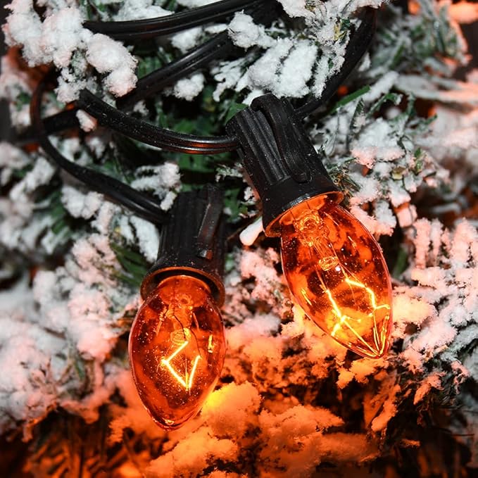 Halloween Orange String Lights Outdoor, 25Ft C7 Halloween Decorations Lights with 27 Clear Orange Bulbs (2 Spare), Waterproof Vintage Christmas Lights for Patio Party Holiday Garden- Black