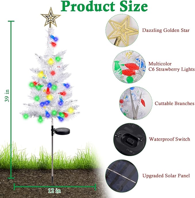 2 Pack 39'' Solar Christmas Tree Lights Outdoor - Large White Solar Christmas Tree with 100 LED Multi-Color C6 String Lights for Outside Decorations, Xmas Trees Decor for Yard Pathway Cemetery