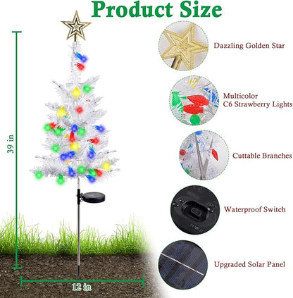 2 Pack 39'' Solar Christmas Tree Lights Outdoor - Large White Solar Christmas Tree with 100 LED Multi-Color C6 String Lights for Outside Decorations, Xmas Trees Decor for Yard Pathway Cemetery