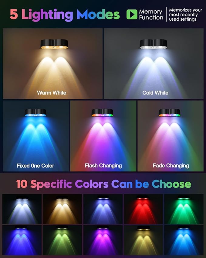 Upgraded Solar Fence Lights Outdoor 8 Pack with Spot Lensed, Warm White, Cold White & RGB 8 Fixed Colors Bright Fence Lights, Waterproof Color Glow Lights for Fence Wall Step Deck Railing Patio