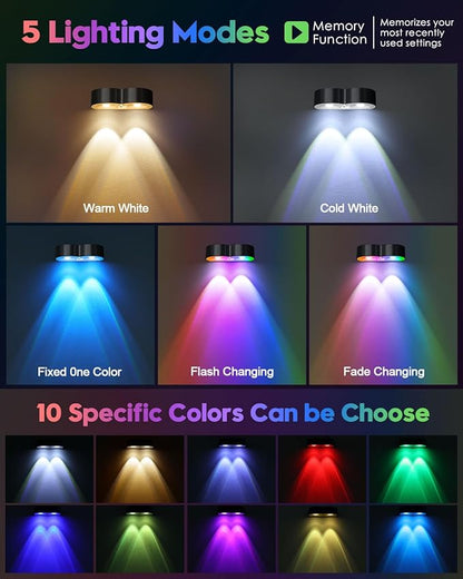 Upgraded Solar Fence Lights Outdoor 8 Pack with Spot Lensed, Warm White, Cold White & RGB 8 Fixed Colors Bright Fence Lights, Waterproof Color Glow Lights for Fence Wall Step Deck Railing Patio