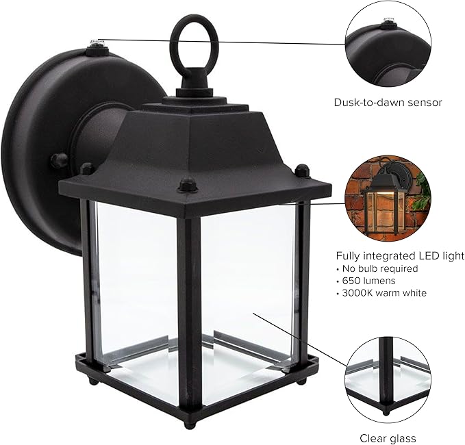 Maxxima LED Porch Lantern Outdoor Wall Light - Features Clear Glass, 3000K Warm White, 650 Lumens, Dusk to Dawn Photocell Light Sensor, Patio or Porch Sconce Fixture for Exterior Lighting - Black