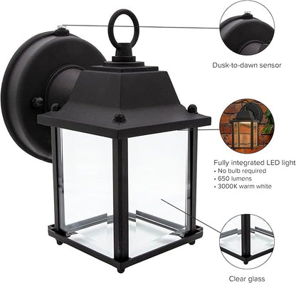 Maxxima LED Porch Lantern Outdoor Wall Light - Features Clear Glass, 3000K Warm White, 650 Lumens, Dusk to Dawn Photocell Light Sensor, Patio or Porch Sconce Fixture for Exterior Lighting - Black