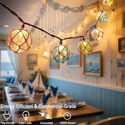 Decorative String Lights Plug in with 10 Incandescent Bulbs, Nautical Fishing Float String Lights Connectable Weatherproof for Indoor Home Tiki Bar Decor and Outdoor Patio Decorations (Three-color)