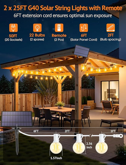 50FT(2x25FT) Solar String Lights Outdoor with Remote, Waterproof Dimmable 3 Modes Patio Lights with 20+2 LED G40 Bulbs for Party Bistro-White