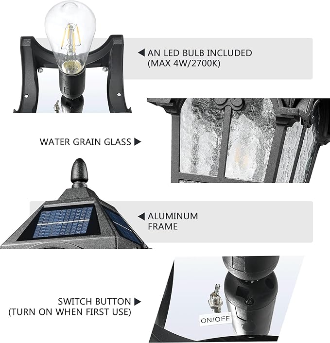Emliviar Outdoor Solar Lamp Post Light in Black Finish, 22.1" Large Outdoor Lighting with Water Grain Glass Shade | Lumora