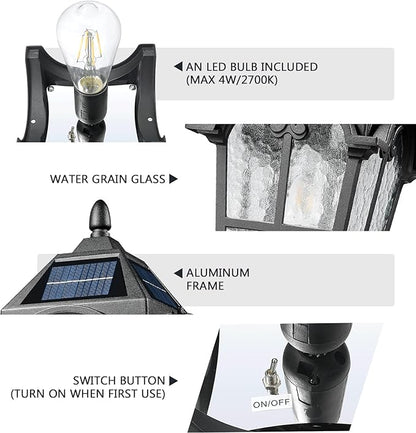 Emliviar Outdoor Solar Lamp Post Light in Black Finish, 22.1" Large Outdoor Lighting with Water Grain Glass Shade for Patio, Vintage Post Lantern LED Bulb Included with Remote Control, YXE302MP-SL BK