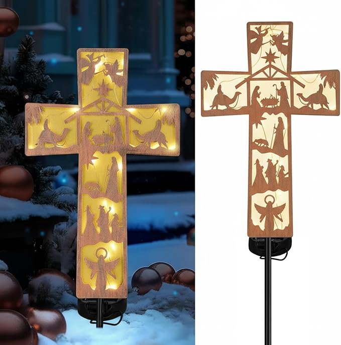 Tuanse 11 Inches Christmas Nativity Scene Outdoor Bronze Cross Decorations Metal Solar Lighted Cross Nativity Scene Garden Stake Retro Solar Outdoor Religious Sign for Christmas Outside Patio