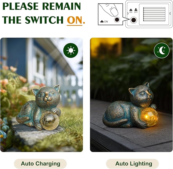 Solar Cat Statue with LED Lights, Solar Garden Decor, Waterproof Outdoor Cat Figurine for Yard, Patio, Balcony, Patio, Night Light, Gift for Cat Lovers, Mom, Women