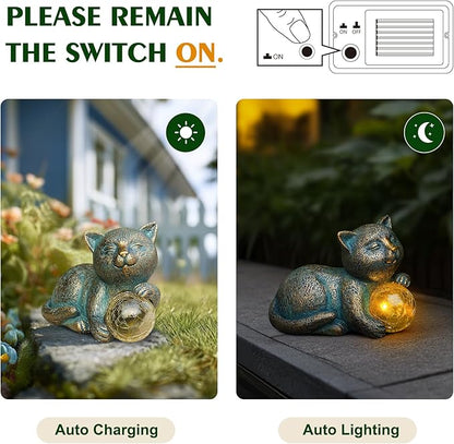 Solar Cat Statue with LED Lights, Solar Garden Decor, Waterproof Outdoor Cat Figurine for Yard, Patio, Balcony, Patio, Night Light, Gift for Cat Lovers, Mom, Women