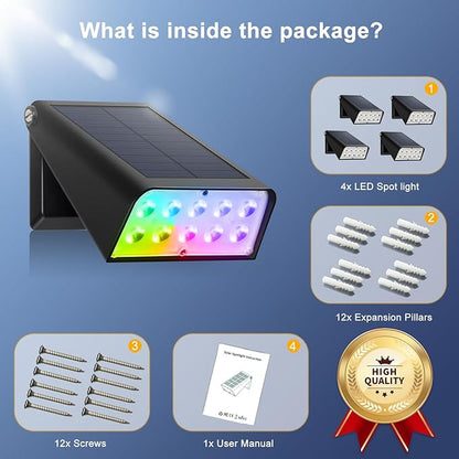 Solar Lights for Fence, 90° Adjustable, White&7 Color Cycling&RGB,IP65 Waterproof LED Deck Light, Dusk to Dawn Wall Lights for Backyard, Outside, Pool, Garden, Step.