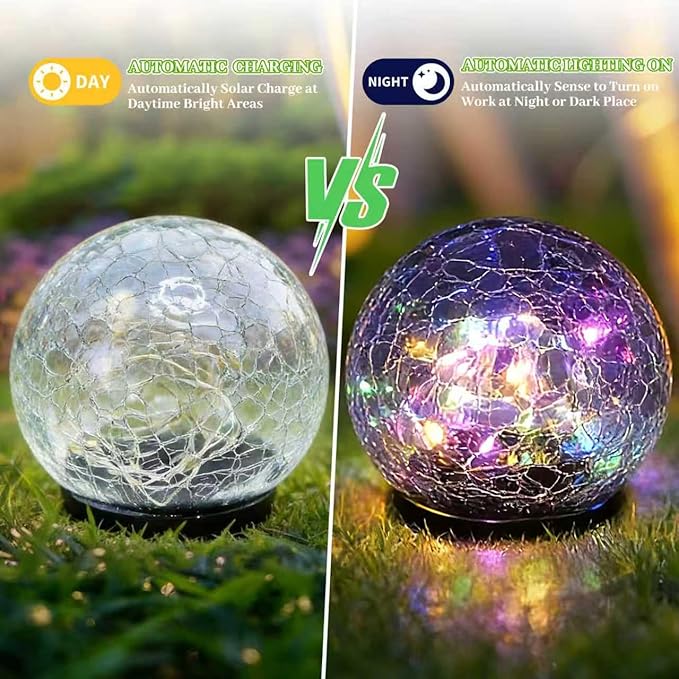 2 Pack Solar Path Lights Outdoor, Cracked Glass Globe with Light Control, IP67 Waterproof Solar Garden Lights, Warm Yellow & 4-Color LED Ball Lights for Yard, Patio, Lawn & Holiday Decor (Multicolor)