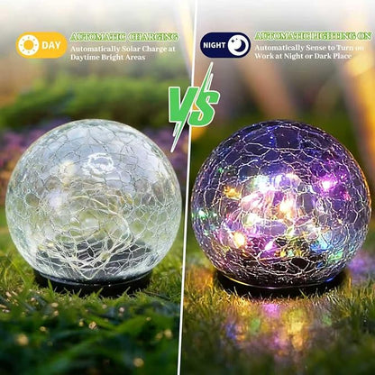 2 Pack Solar Path Lights Outdoor, Cracked Glass Globe with Light Control, IP67 Waterproof Solar Garden Lights, Warm Yellow & 4-Color LED Ball Lights for Yard, Patio, Lawn & Holiday Decor (Multicolor)