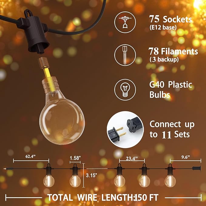 Outdoor String Lights,Led Patio Globe Lights with Plastic Bulbs,Waterproof,Shatterproof,G40 Outdoor String Lights,Connectable Hanging for Backyard, Bistro, Porch, Deck, Balcony,Tent (100FT)