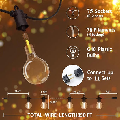 Outdoor String Lights,Led Patio Globe Lights with Plastic Bulbs,Waterproof,Shatterproof,G40 Outdoor String Lights,Connectable Hanging for Backyard, Bistro, Porch, Deck, Balcony,Tent (100FT)