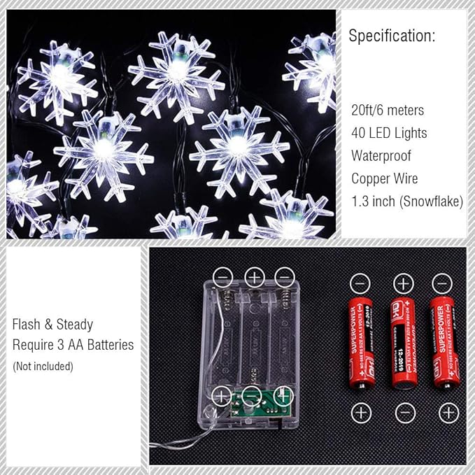 WesGen Christmas Lights，Snowflake String Lights Battery Operated Waterproof 20ft, 40 LED Fairy Lights for Xmas Garden Patio Bedroom Party Decor Christmas Decorations, White
