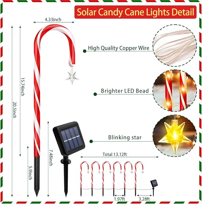 Solar Christmas Decorations Outdoor, 12 Pack Solar Candy Cane Christmas Lights 8 Lighting Modes 180 Bright LED, Waterproof Outside Xmas DIY Decorations for Pathway Yard Garden