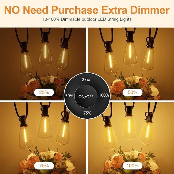 100FT Remote Outdoor String Lights for Outside, 50+2 LED Waterproof Shatterproof Edison Dimmable Timer Bulbs, 2500K | Lumora
