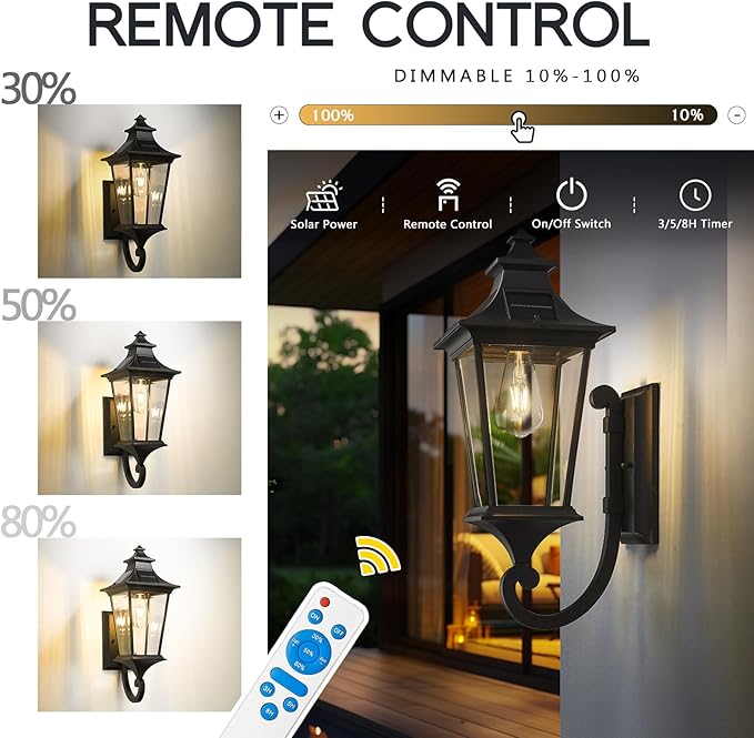 Emliviar Solar Exterior Front Porch Light with Remote Control, 3 Lighting Modes Waterproof Solar Wall Lantern, Auto | Lumora