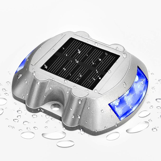 JIGUOOR Solar Deck Lights LED Driveway Lights Solar Powered Dock Light Outdoor IP68 Waterproof Road Markers for Step Sidewalk Stair Boat Garden Ground Pathway Yard (Blue, 1 Pack)