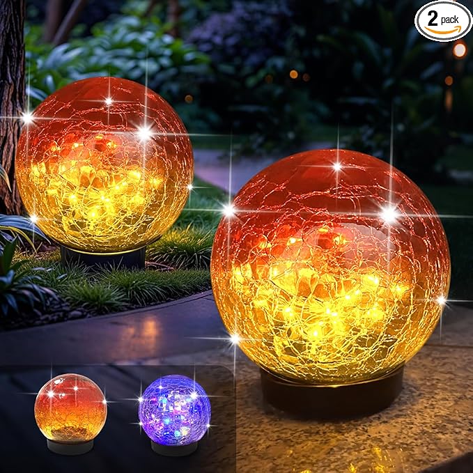 2 Pack 60LED Solar Globe Lights Outdoor Waterproof 4.7in Cracked Glass Solar Balls Lights for Outside Yard Pathway Patio Lawn Landscape Decor Ground for Christmas Holiday Decor w/ Box (Gradient Red)
