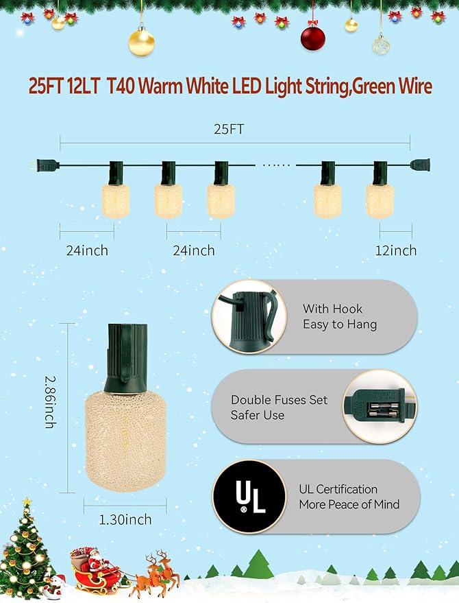 Outdoor String Lights, 25FT T40 Retro LED Christmas Lights, Waterproof Warm White Patio Lights for Porch, Bistro, Party, Holiday Decorations, Connectable, Shatterproof, Green Wire