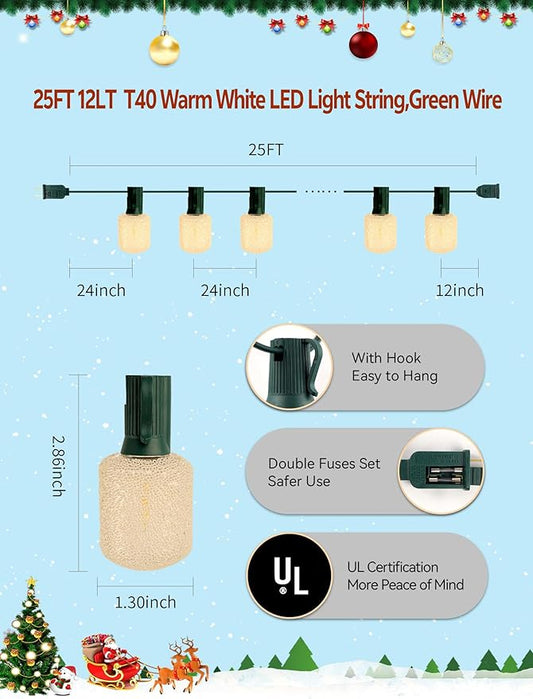 Outdoor String Lights, 25FT T40 Retro LED Christmas Lights, Waterproof Warm White Patio Lights for Porch, Bistro, Party, Holiday Decorations, Connectable, Shatterproof, Green Wire