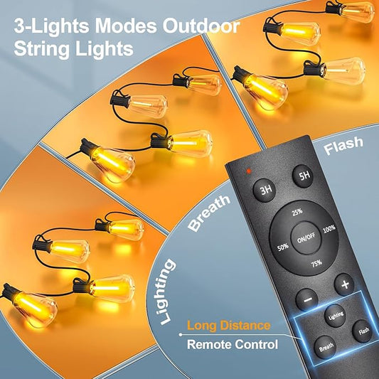 Outdoor String Led Patio Lights: 65Ft 20M Outside Waterproof Light with Remote Dimmable ST38 Shatterproof Bulb Connectable Hanging Outdoor Electric Lighting for Backyard Yard Gazebo Porch Party