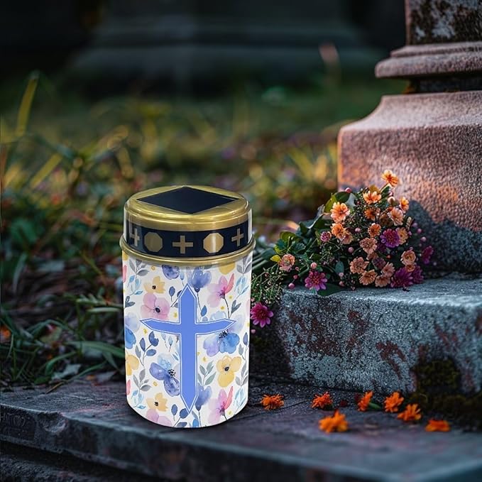 Poceacles Cross Solar Lights Outdoor Waterproof Cemetery Lights Solar Powered Grave Solar Lantern Outdoor Waterproof Walkway Lights for Lawn Garden Pathway, Blue Floral Cross, Pack of 2