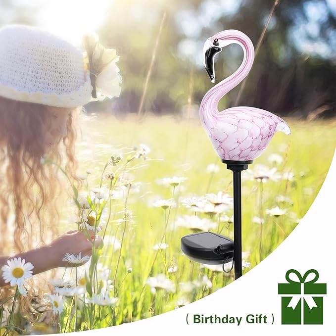 Afirst Solar Outdoor Lights Decorative - Solar Garden Stake Lights Flamingo Handblown Glass Stake Garden Pathway Light Outdoor Waterproof Glass Stakes for Pathway Yard Lawn Decoration