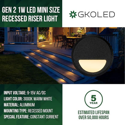 GKOLED Low Voltage Recessed LED Step Riser Light, Diameter 1" Mini Size, Landscape Lighting for Outdoor Deck Stair Railing Post, Die-cast Aluminum, 9-15V, 3000K, Black, 12-Pack, Gen 2