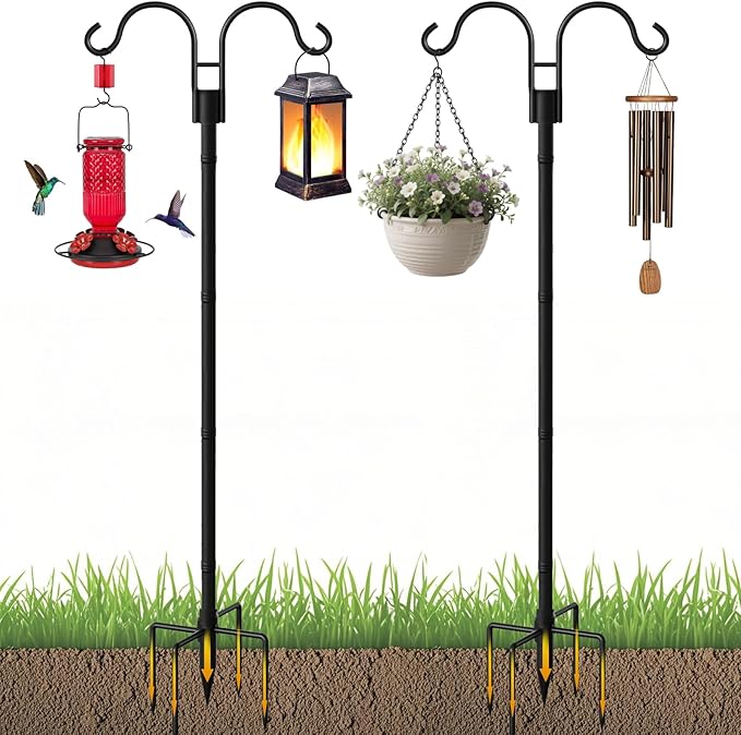 BEAU JARDIN 8 Pack Solar Pathway Lights + Double Shepherds Hooks for Outdoor 76”2 Pack