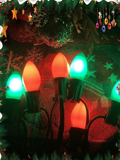 C9 LED Christmas Lights, 25Ft Vintage C9 String Lights with 26 LED Ceramic Red Green Bulbs, Hanging Connectable Christmas String Lights for Patio Garden Holiday Home Decor-Green Wire