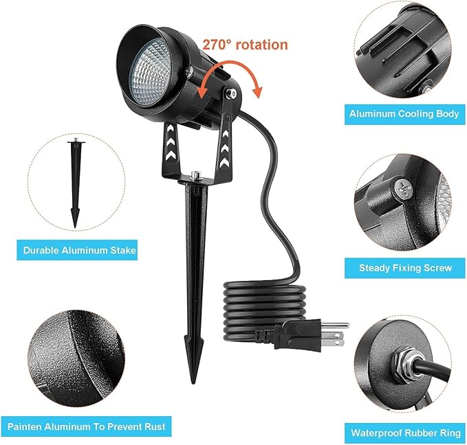 Outdoor LED Warm White Spotlights, 3000K Landscape Spot Lights, 12W IP65 Waterproof Metal Case SpotLighting with Spiked Stand for Lawn Decorative Lamp (4 Pack)