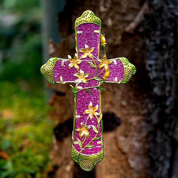 Solar Cross Stake for Cemetery Grave, Memorial Grave Decoration with Flowers and LED Light, Outdoor Solar Cross for Lawn Garden Pathway Decor (Fuchsia)