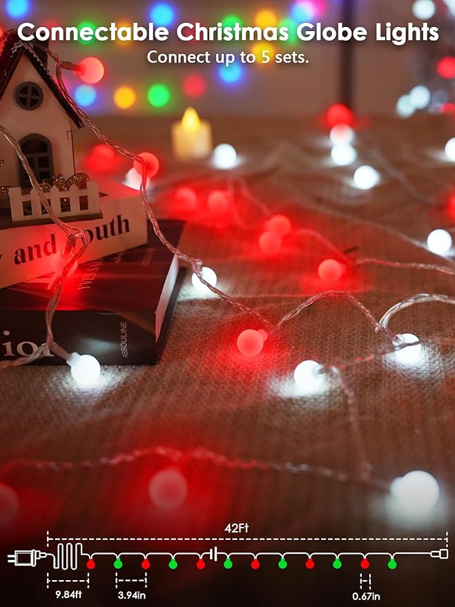 2025 New Connectable 43FT Smart Voice Controlled Christmas String Lights Indoor Outdoor | 100LED Red and White Globe Twinkle Lights with Remote & Timer | 12 Modes Waterproof Christmas Tree Decorations