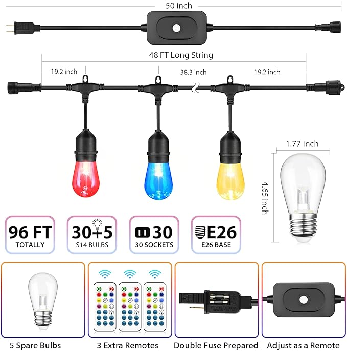 Mlambert 96Ft(2x48ft) Outdoor Patio Lights, RGB Dimmable Cafe String Lights with 30+5 Commercial Grade LED Edison | Lumora