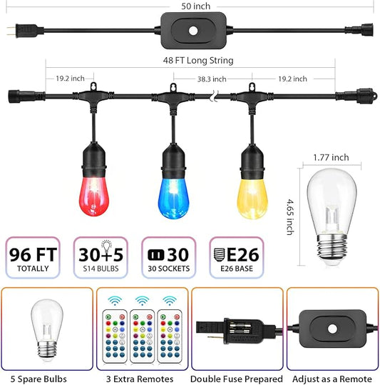 Mlambert 96Ft(2x48ft) Outdoor Patio Lights, RGB Dimmable Cafe String Lights with 30+5 Commercial Grade LED Edison Bulbs for Yard Balcony-Black 2 Pack