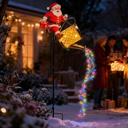 Christmas Santa Solar Kettle Lights, Waterproof Solar Watering Can with Cascading Lights, Garden Lawn Decorative Light, Hanging Metal Solars Santas Watering Can Led Light for Yard Pathway