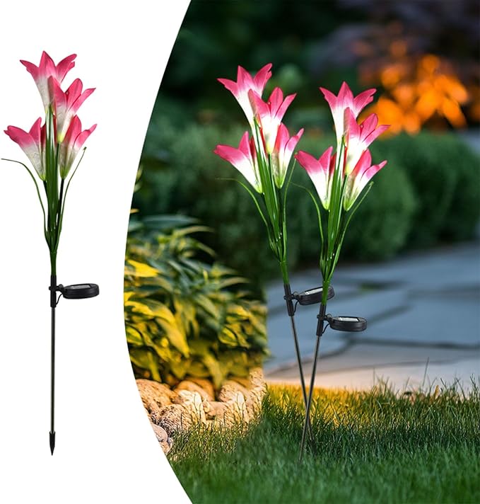Outdoor Solar Lights, 2 Pack Solar Garden Lights with Lily Flowers, Waterproof Garden Light Outdoor - Yard Decorations for Patio Yard Decoration (Pink)
