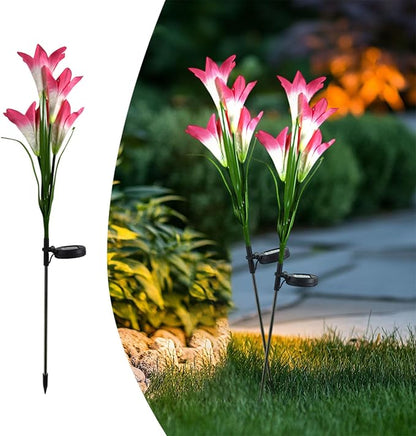 Outdoor Solar Lights, 2 Pack Solar Garden Lights with Lily Flowers, Waterproof Garden Light Outdoor - Yard Decorations for Patio Yard Decoration (Pink)