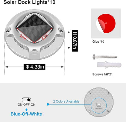 Solar Driveway Lights - 10 Pack, IP68 Waterproof, 2 Color Modes (Blue/White) for Step, Sidewalk, Pathway, Patio, Garden