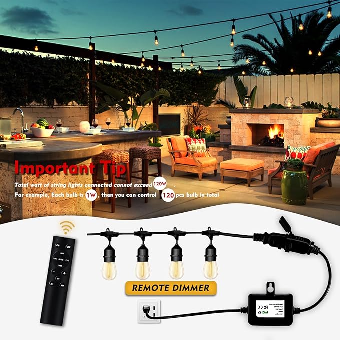 120W(Max) Remote Dimmer Timer Function Plug in for All Outdoor String Lights, Patio Lights, Led Lamp, Lamp in 100FT | Lumora